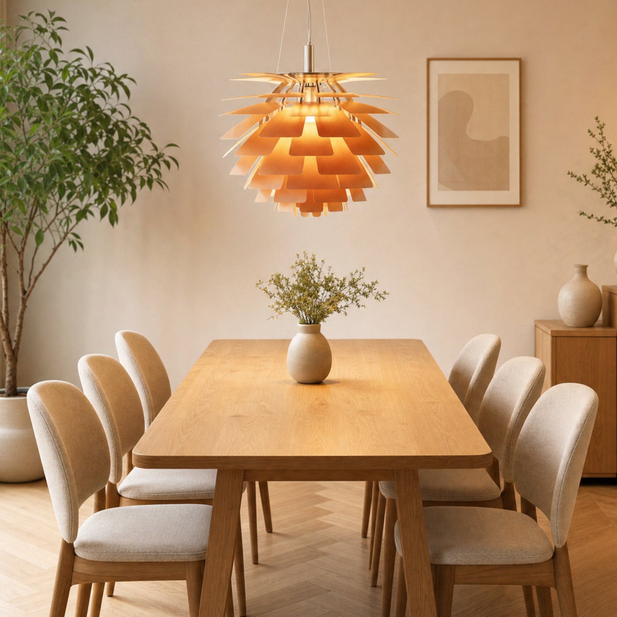 Layered Metal Pine Cone Pendant Light above a dining table