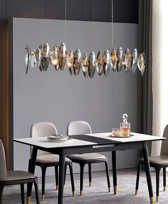 Linear Crystal Branch Chandelier above a dining table