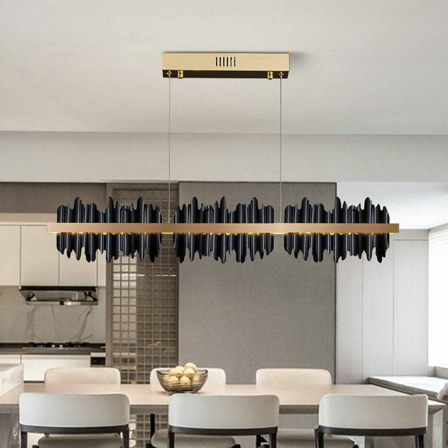 Linear LED Dining Chandelier with Remote over a kitchen island