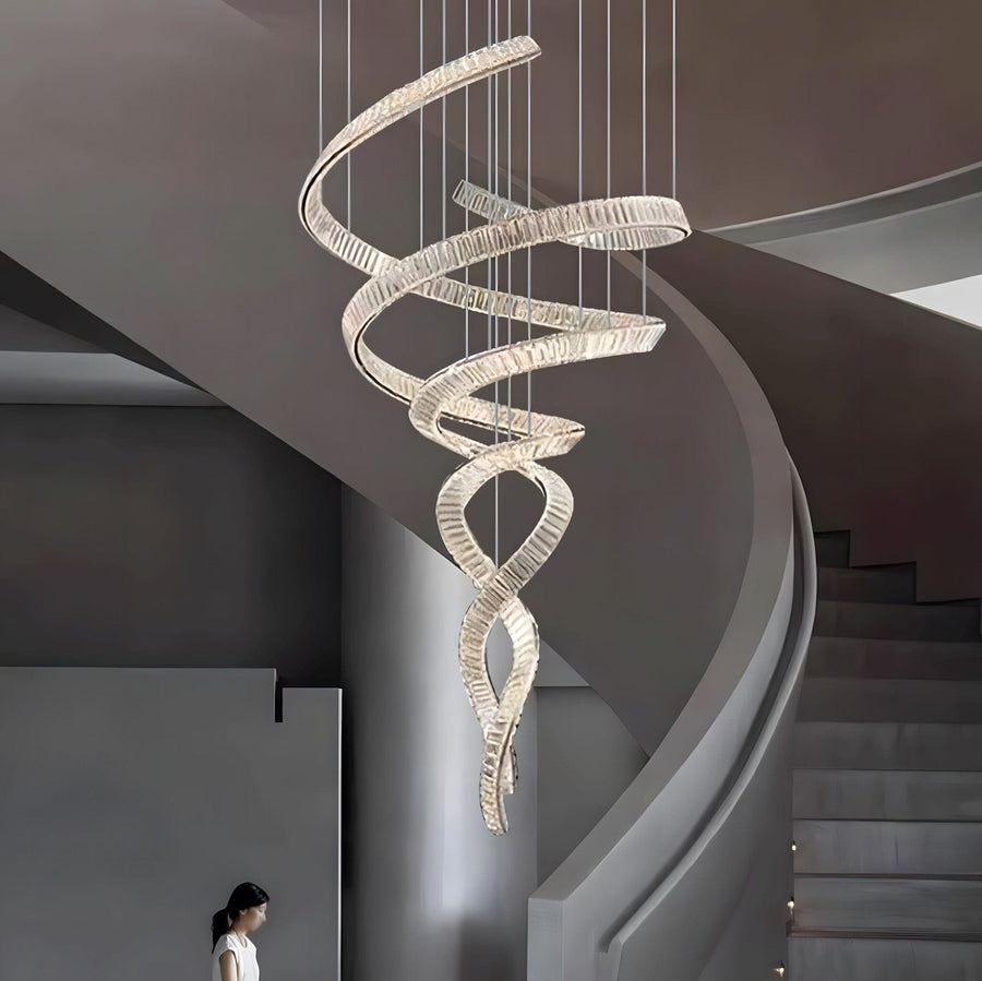 Long Spiral Crystal Chandelier above a staircase