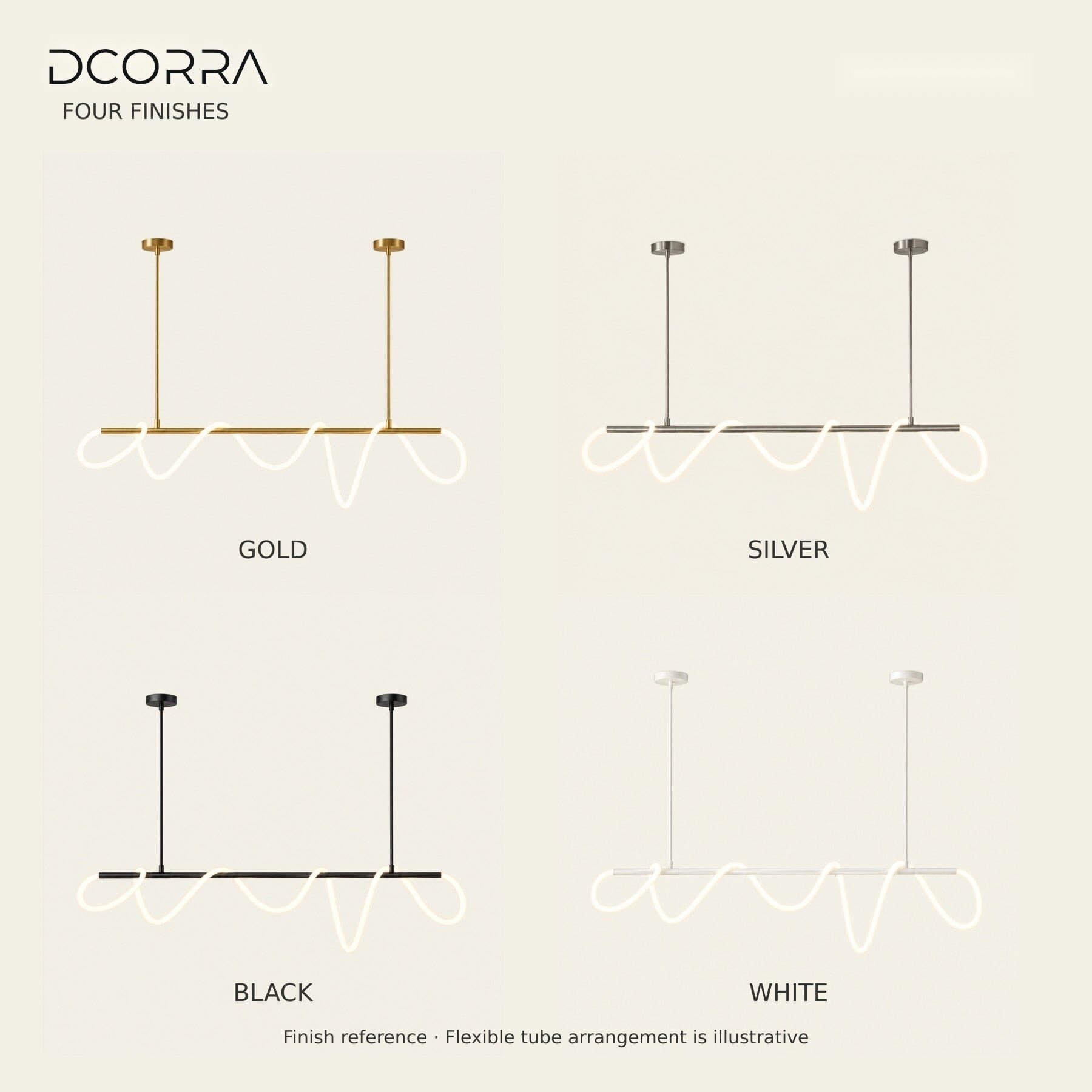 Looped LED Tube Linear Chandelier finish and light color options