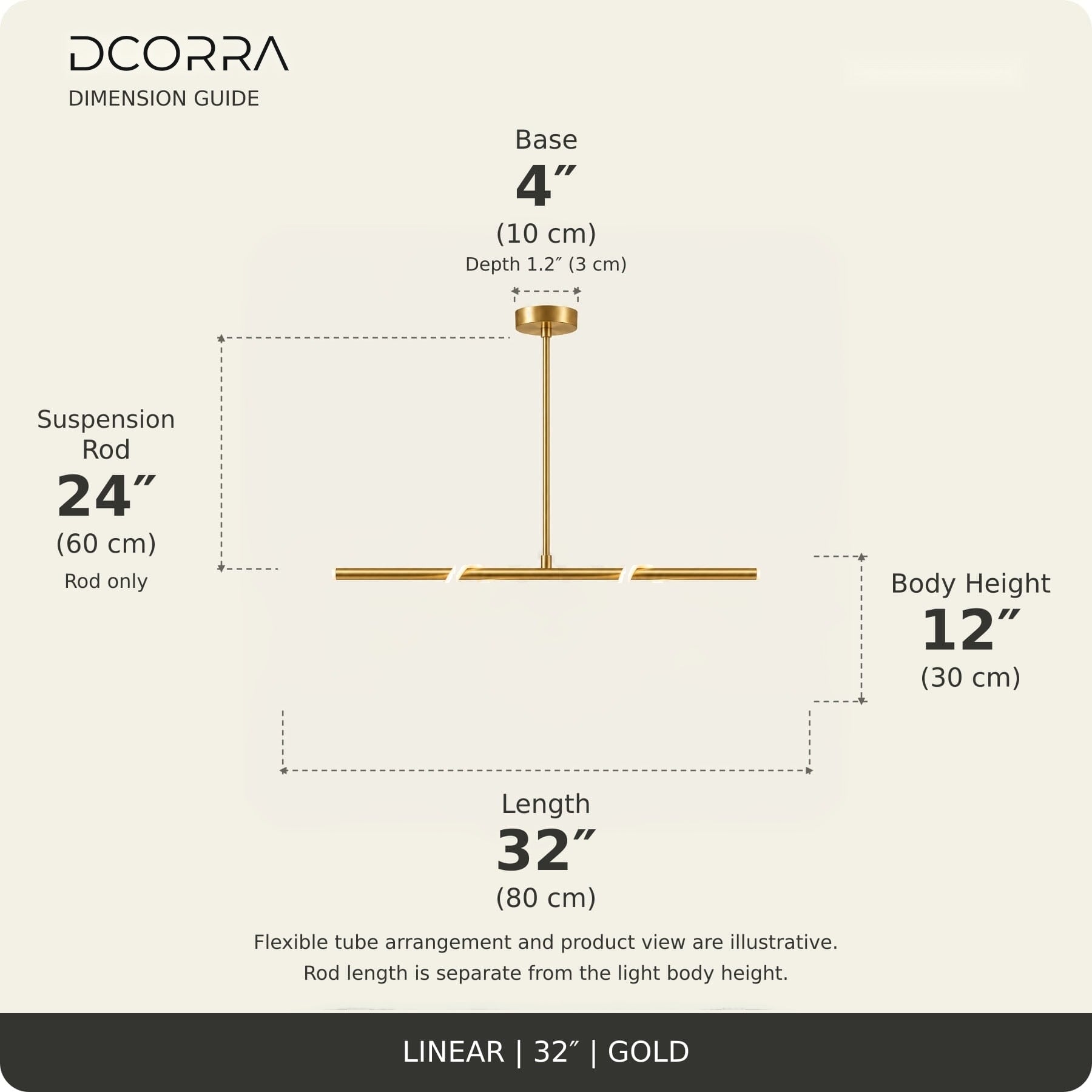 Looped LED Tube Linear Chandelier - L32"(80cm) / 20W / Gold