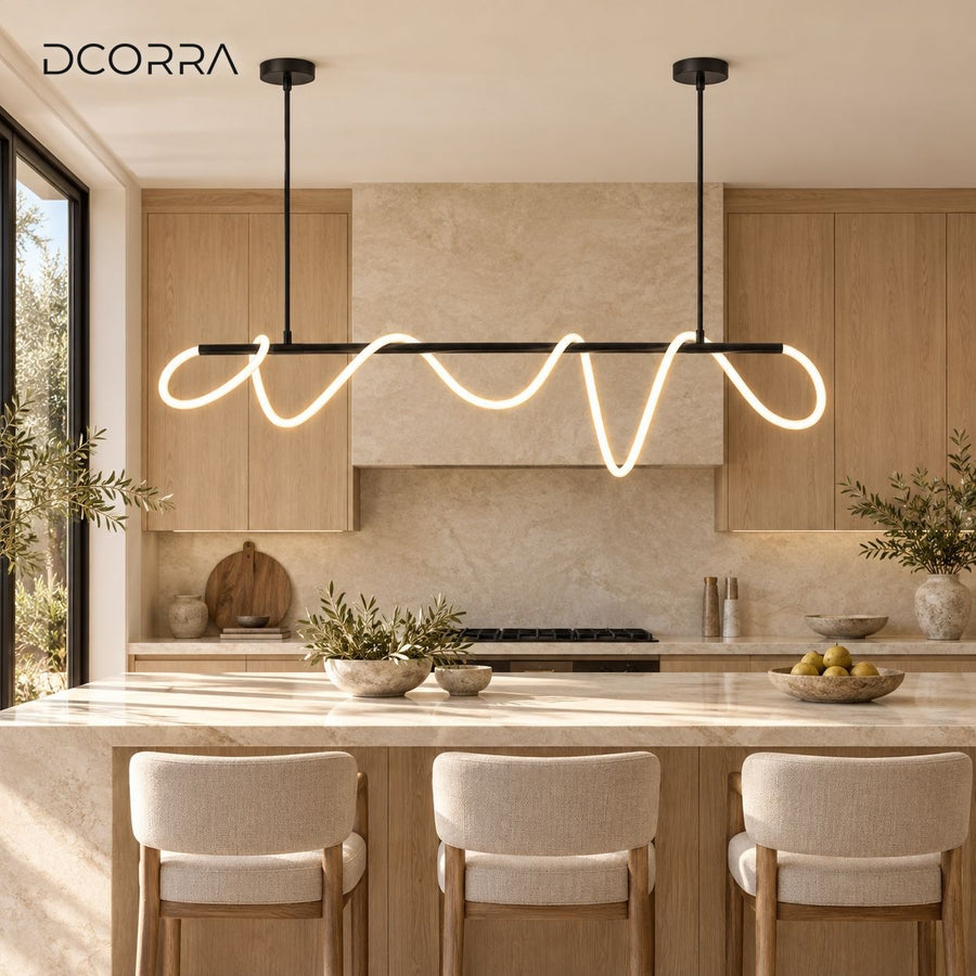 Looped LED Tube Linear Chandelier over a kitchen island