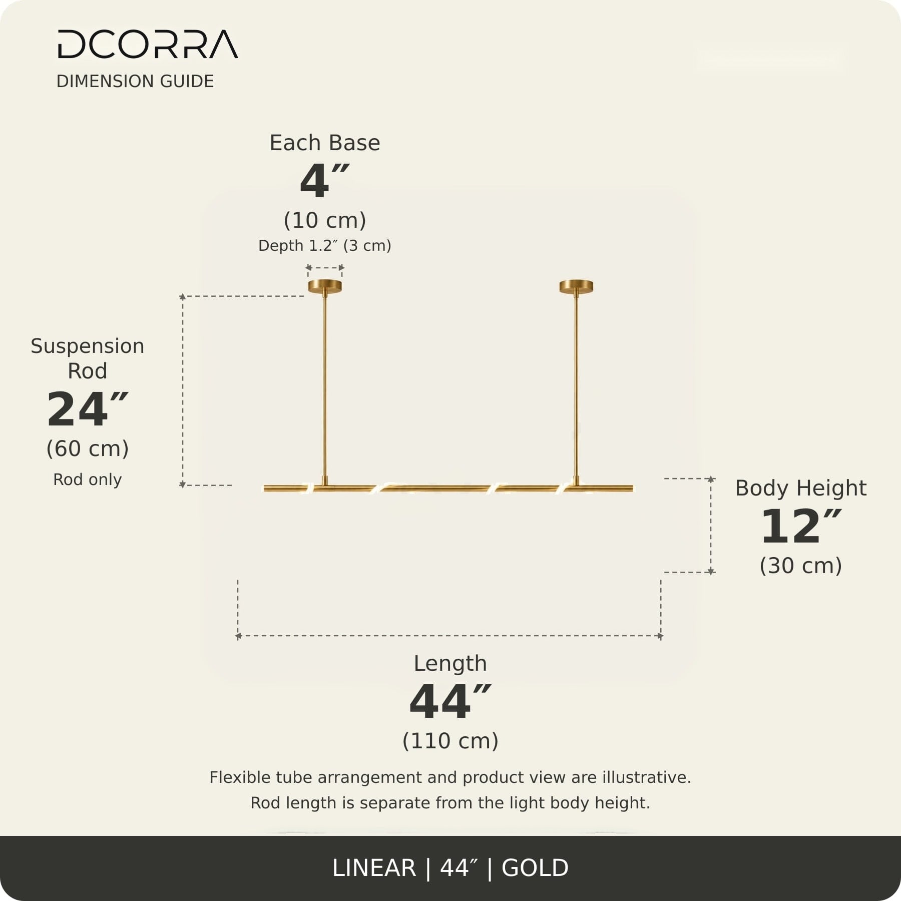 Looped LED Tube Linear Chandelier - L44"(110cm) / 30W / Gold
