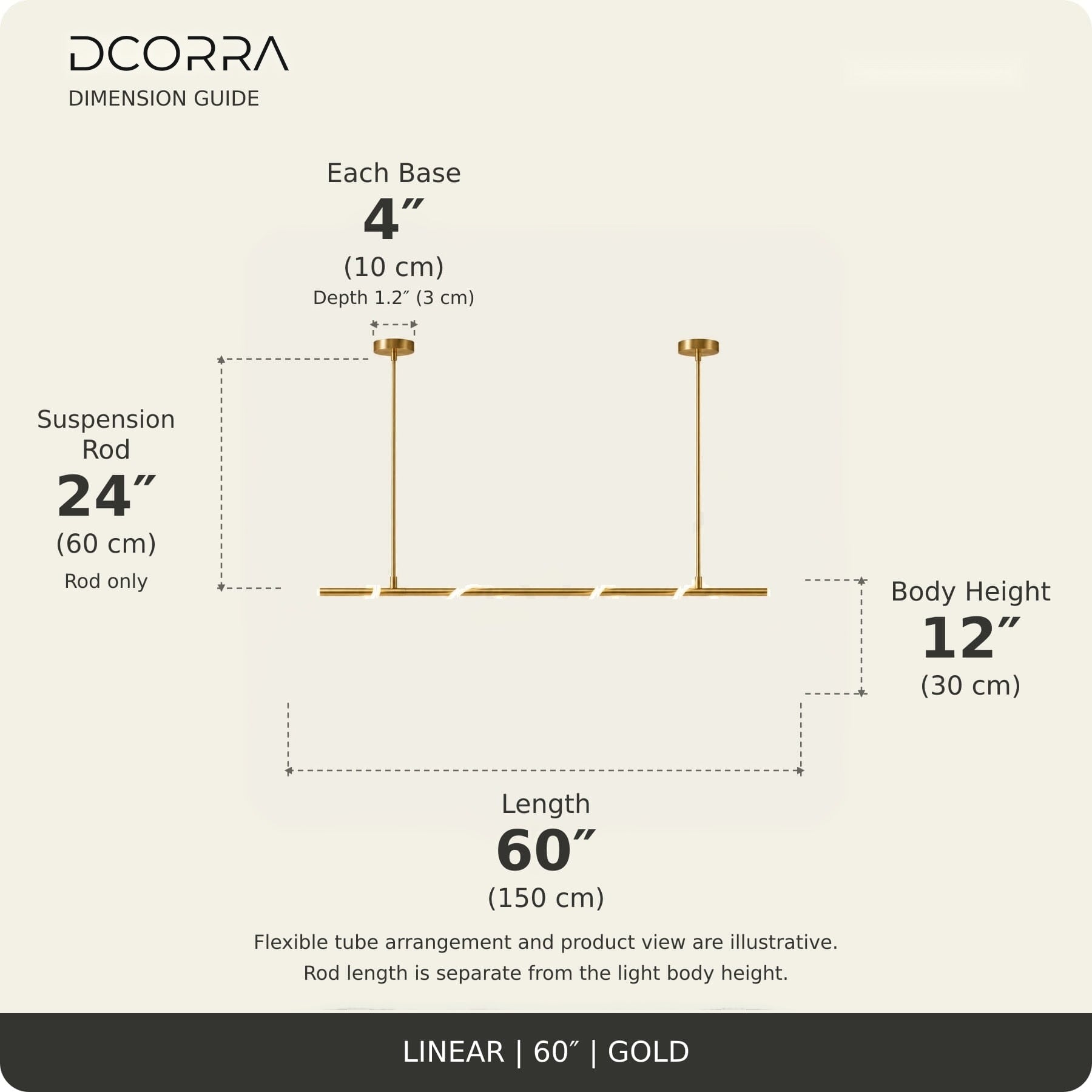 Looped LED Tube Linear Chandelier - L60"(150cm) / 35W / Gold