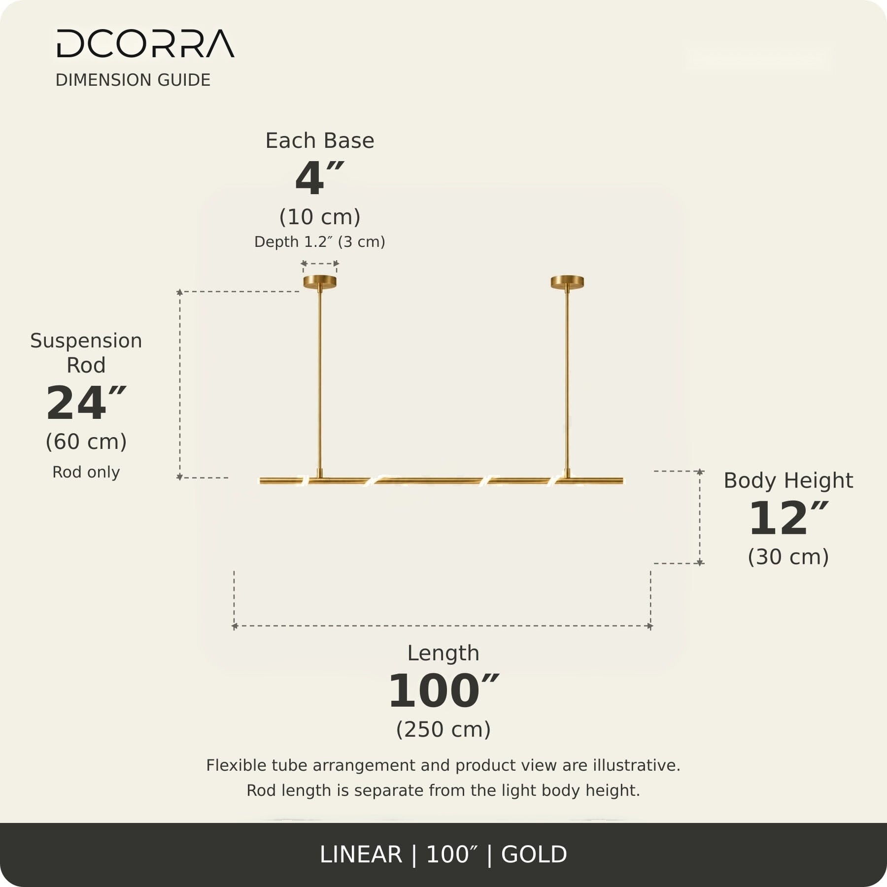 Looped LED Tube Linear Chandelier - L100"(250cm) / 60W / Gold