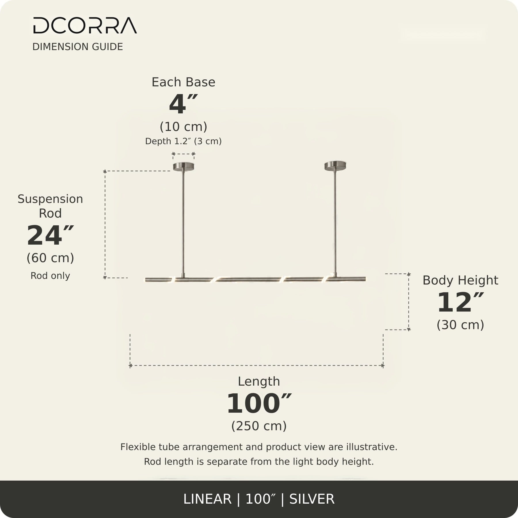 Looped LED Tube Linear Chandelier - L100"(250cm) / 60W / Silver