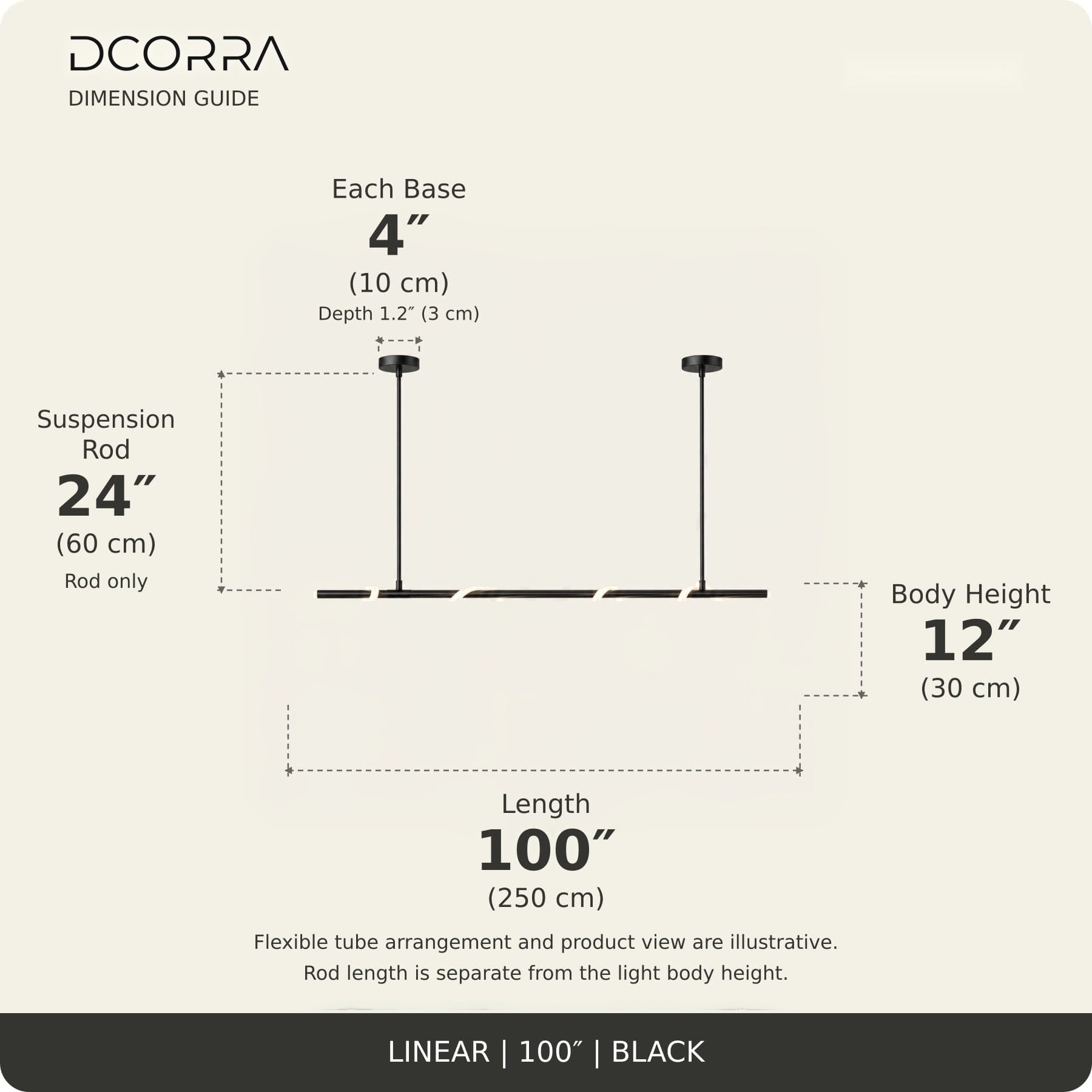 Looped LED Tube Linear Chandelier - L100"(250cm) / 60W / Black