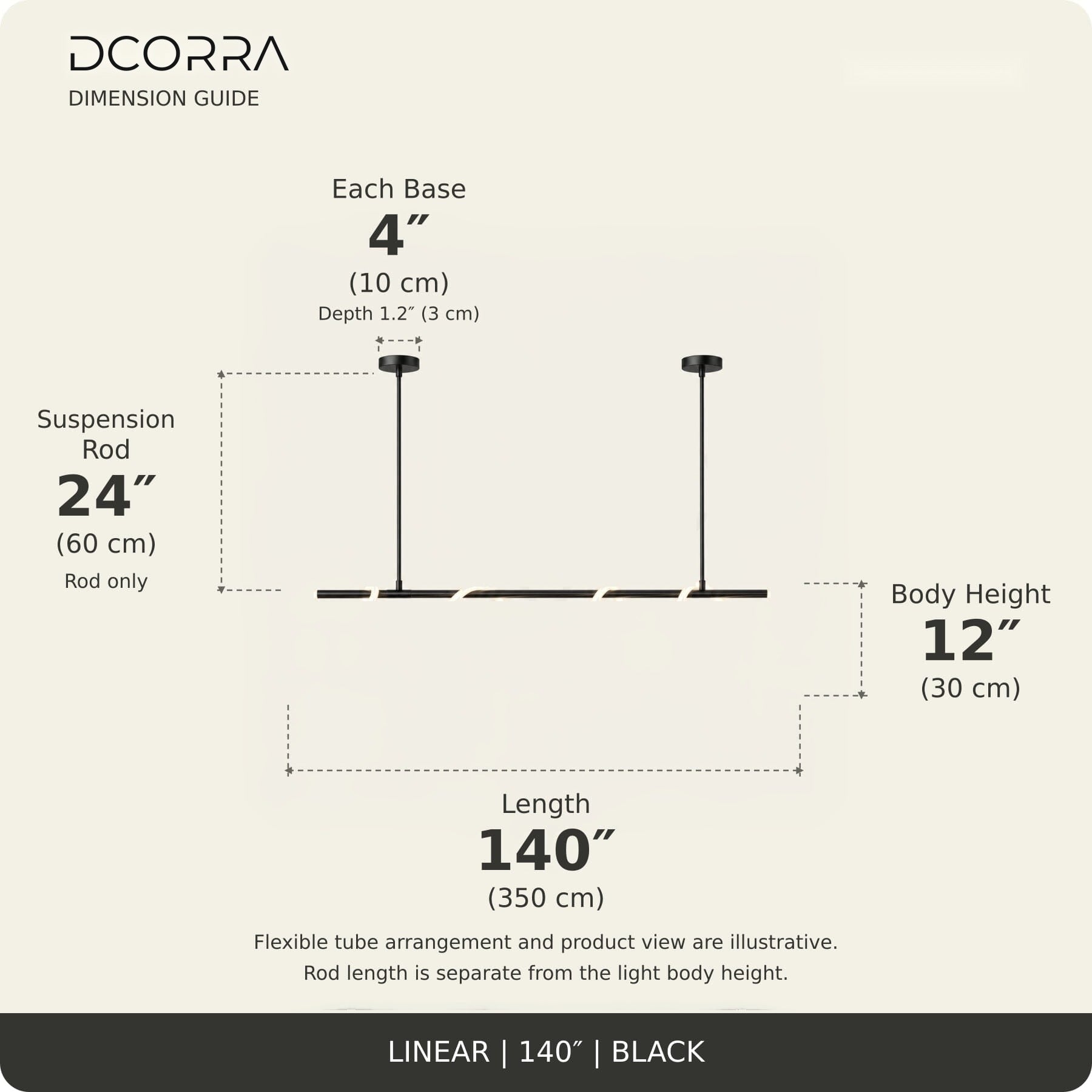 Looped LED Tube Linear Chandelier - L140"(350cm) / 85W / Black