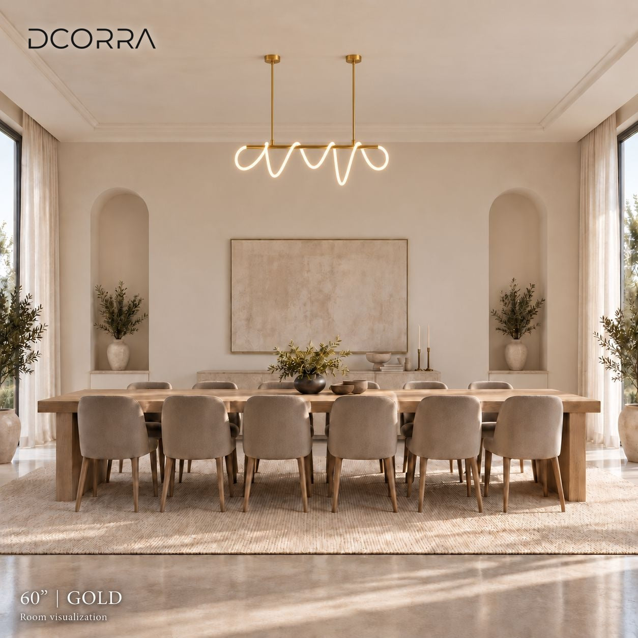 Looped LED Tube Linear Chandelier above a dining table