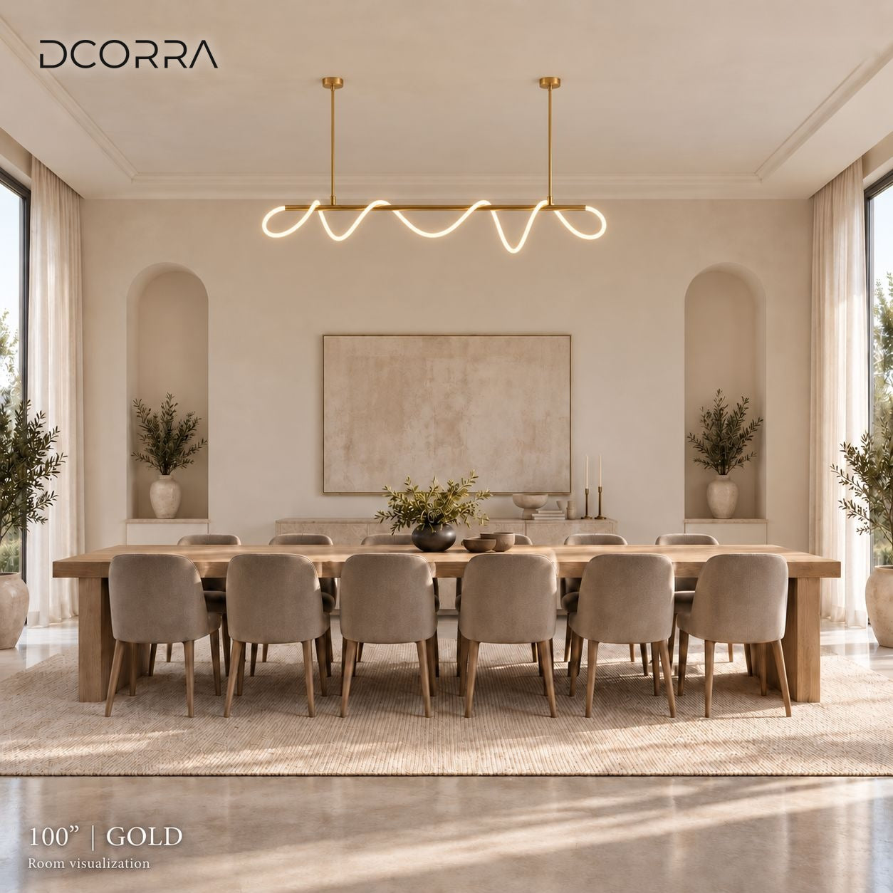 Looped LED Tube Linear Chandelier above a dining table