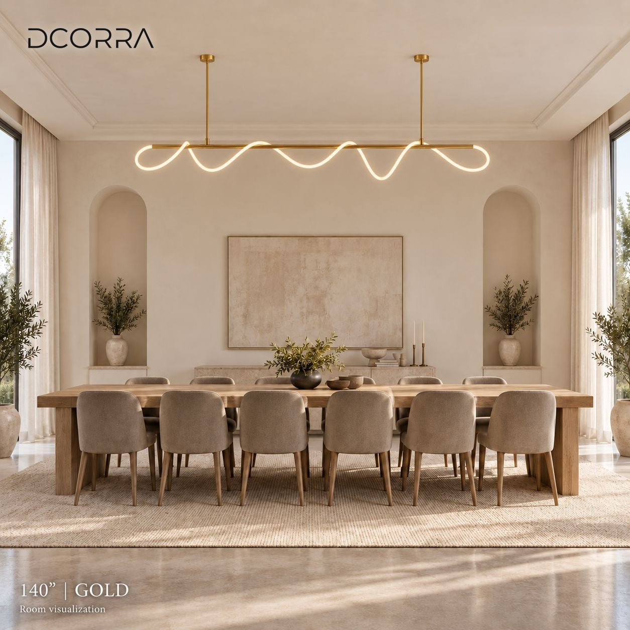 Looped LED Tube Linear Chandelier above a dining table