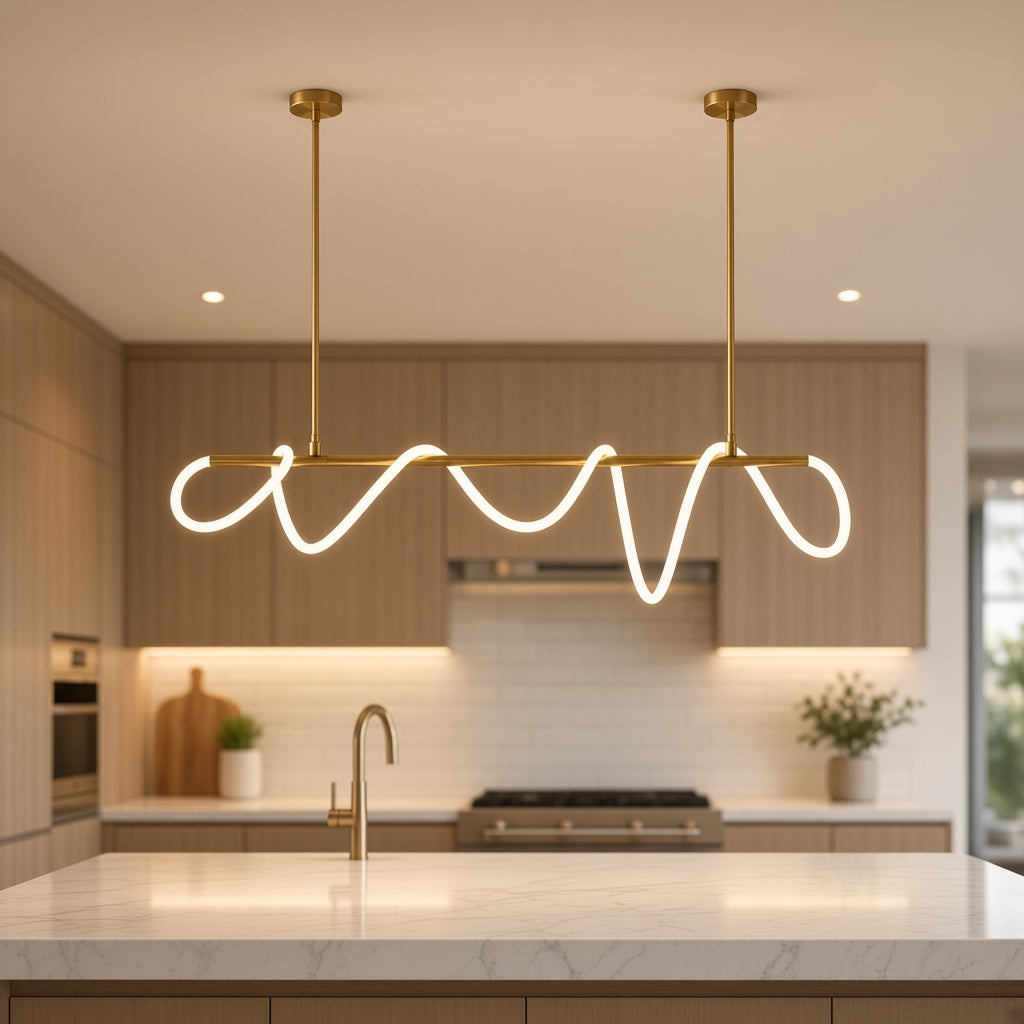Looped LED Tube Linear Chandelier over a kitchen island