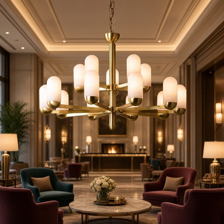Marble Globe and Brushed Brass Chandelier