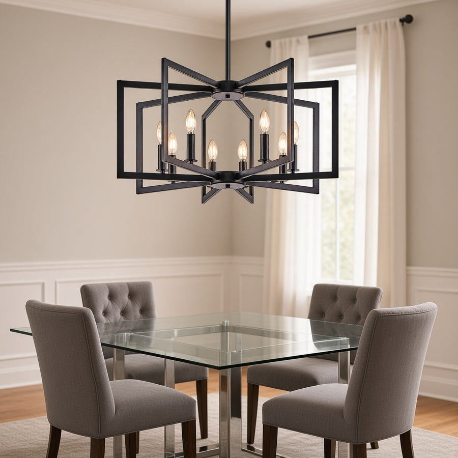 Matte Black Geometric 8-Light Candle Chandelier