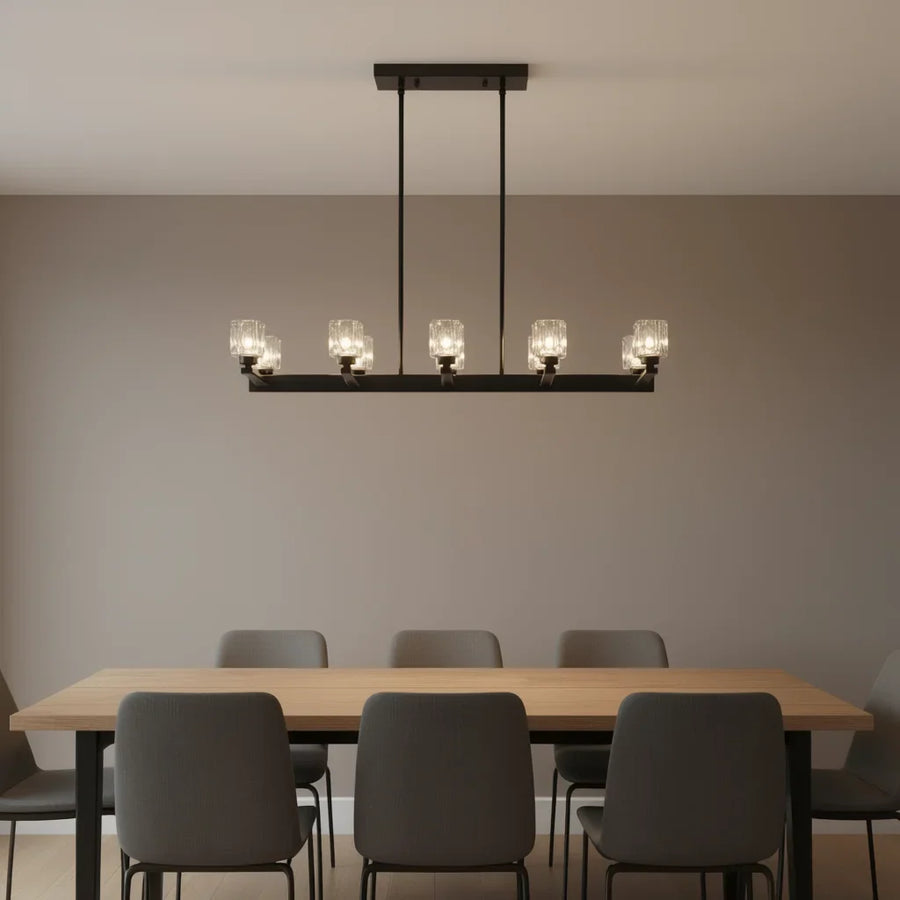 Matte Black Linear 10-Light Crystal Shade Chandelier above a dining table