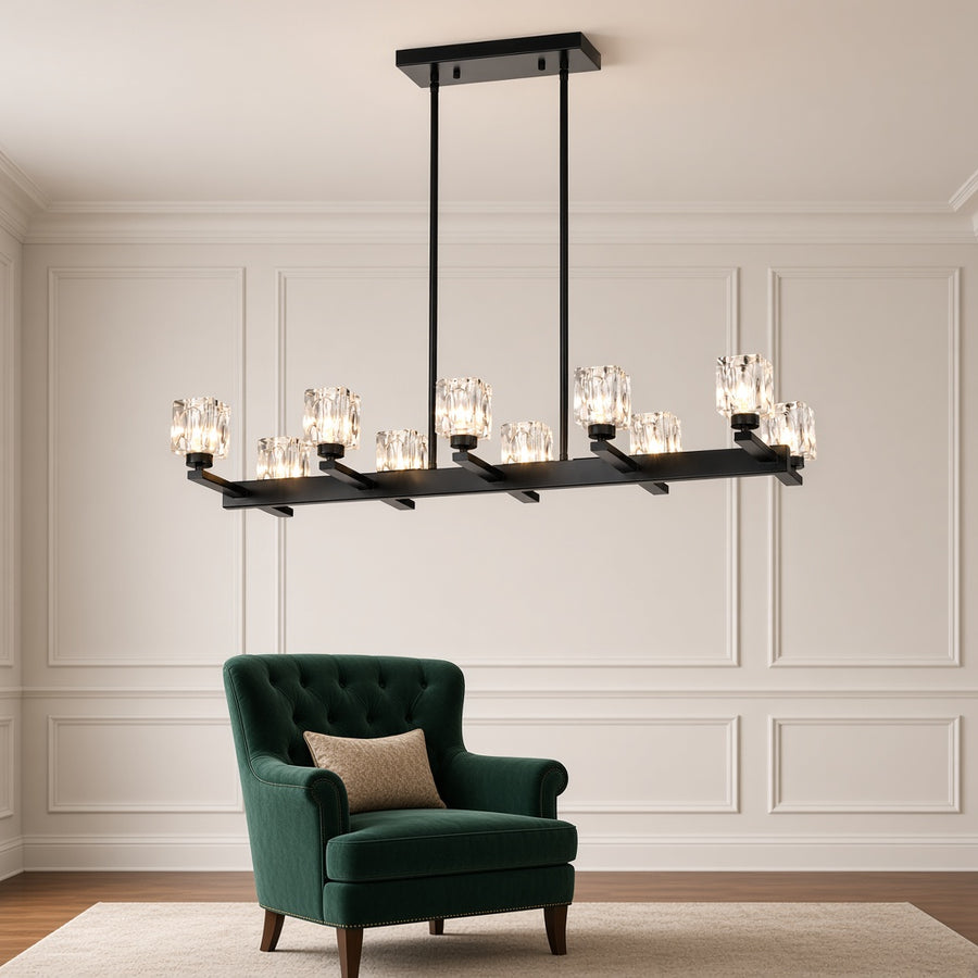 Matte Black Linear 10-Light Crystal Shade Chandelier