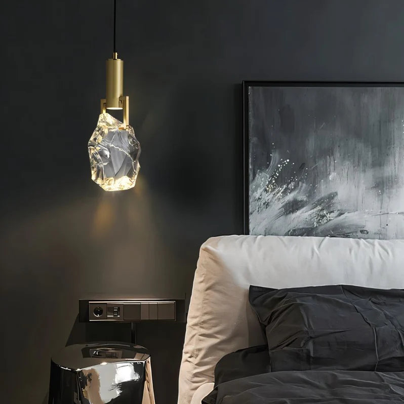 Elegant Glowing Crystal Pendant in a bedroom