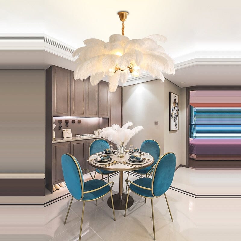 Ostrich Feather Chandelier above a dining table