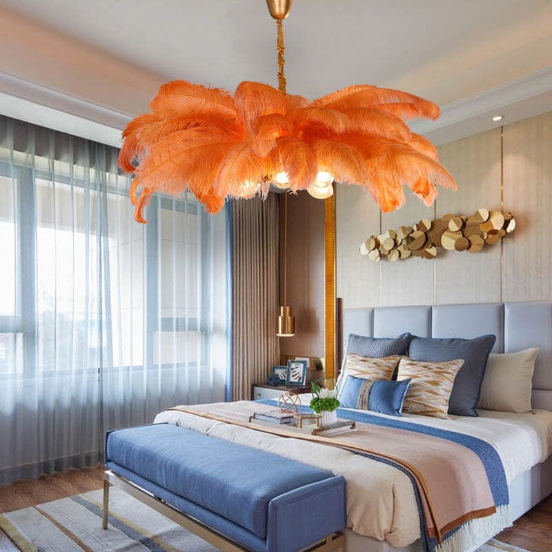 Ostrich Feather Chandelier in a bedroom