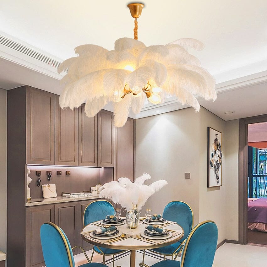 Ostrich Feather Chandelier above a dining table