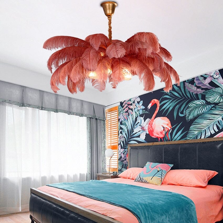 Ostrich Feather Chandelier in a bedroom