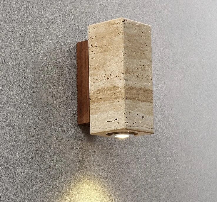Outdoor Stone Wall Lamp with Wood or Metal Base on an exterior wall