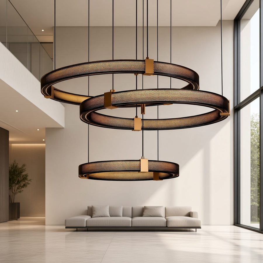 Perforated LED Ring Chandelier - Black and Gold