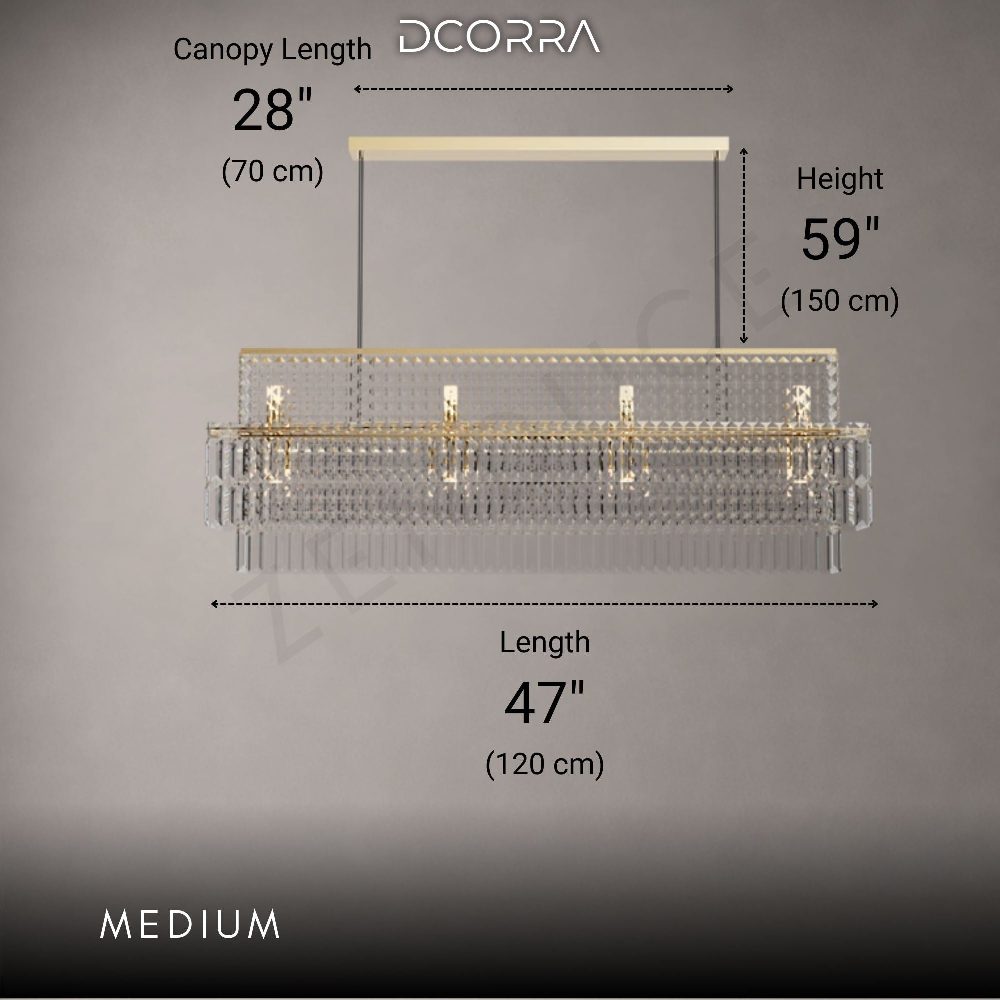 Rectangular Crystal Prism Linear Chandelier - Medium / Warm White / Gold