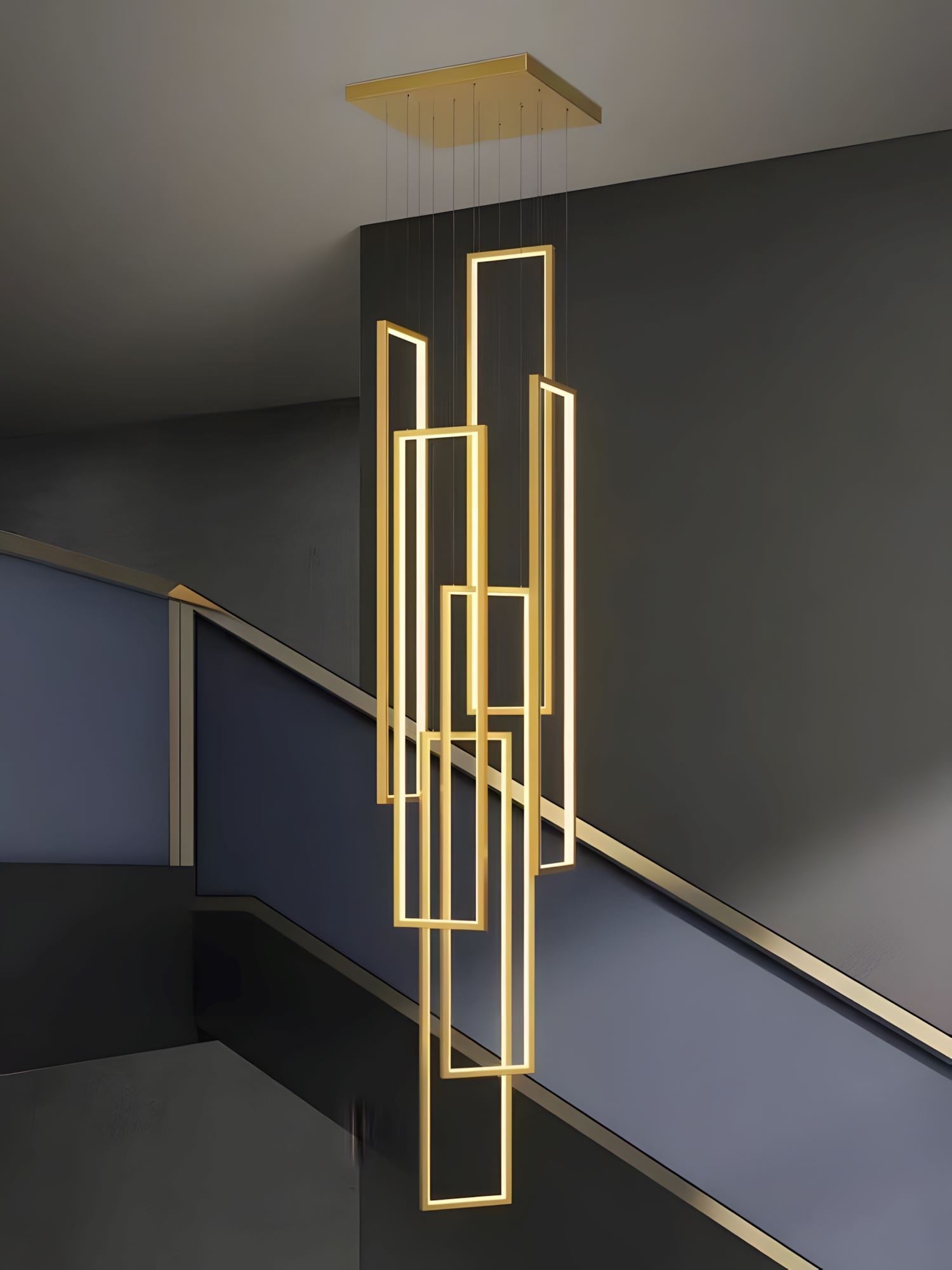 Rectangular Frame LED Cascade Chandelier - 6 Heads Rectangular Canopy [24"L × 24"W × 39" - 118"H] / Gold / Warm White (3000K)