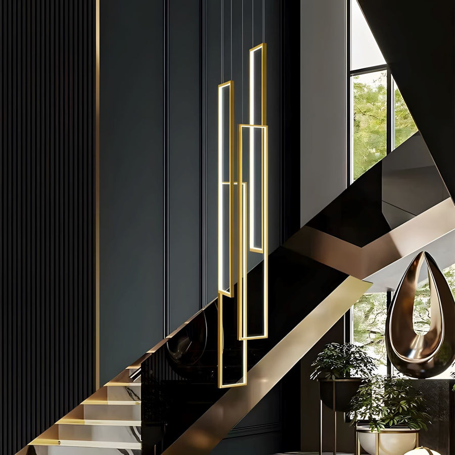 Rectangular Frame LED Cascade Chandelier above a staircase