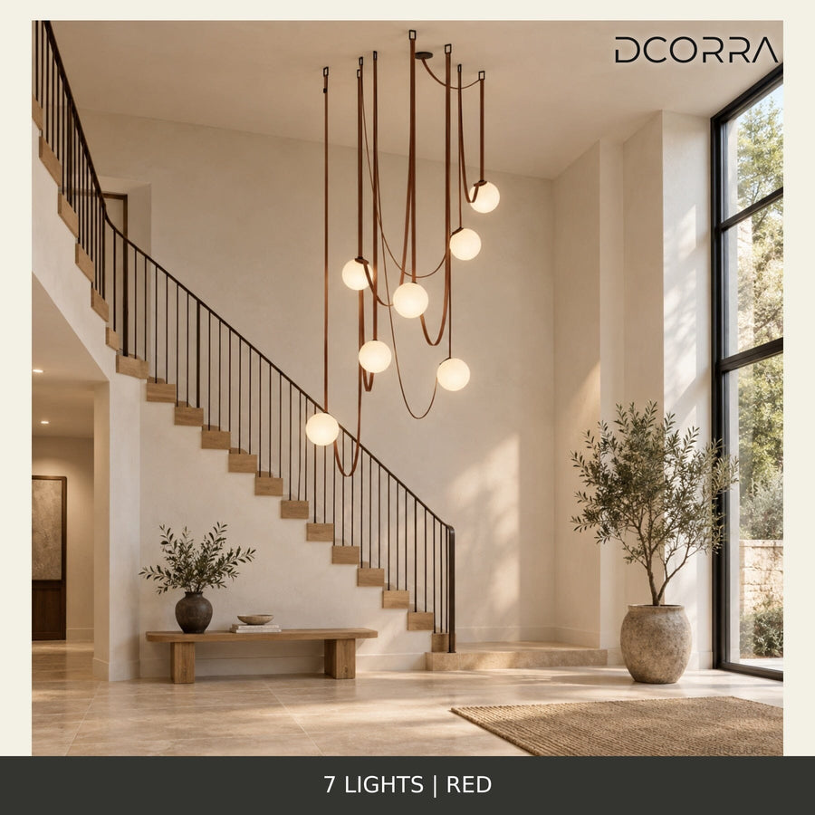 Red Leather Strap Glass Globe Chandelier