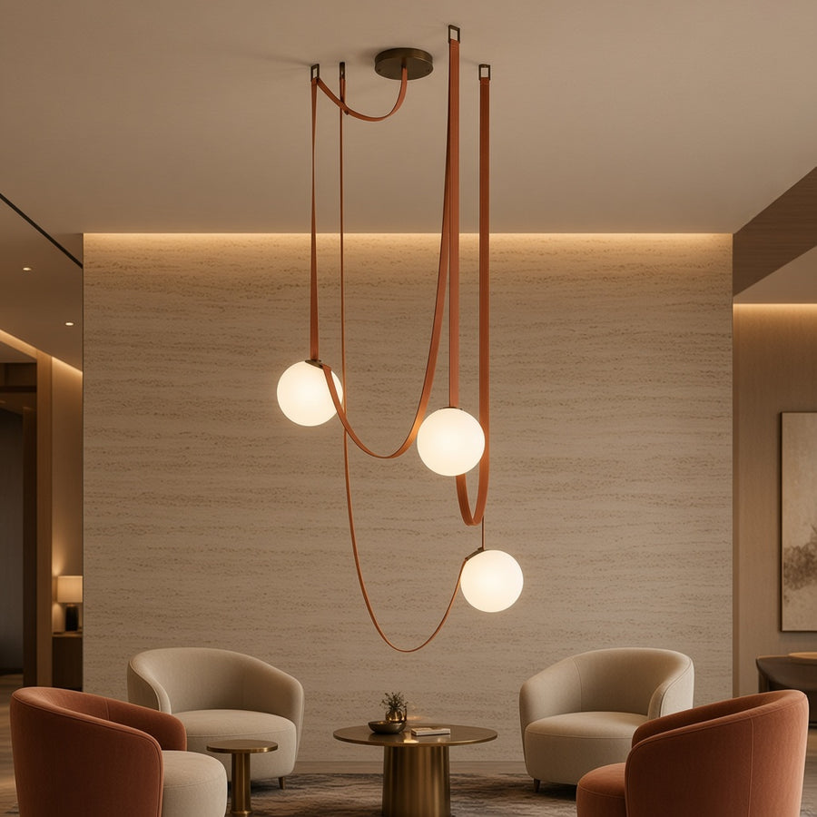 Red Leather Strap Glass Globe Chandelier