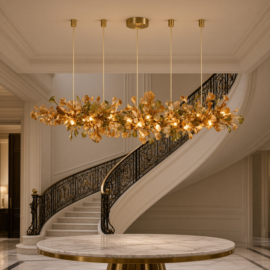 Ribbed Glass Ginkgo Leaf Chandelier - Linear or Round