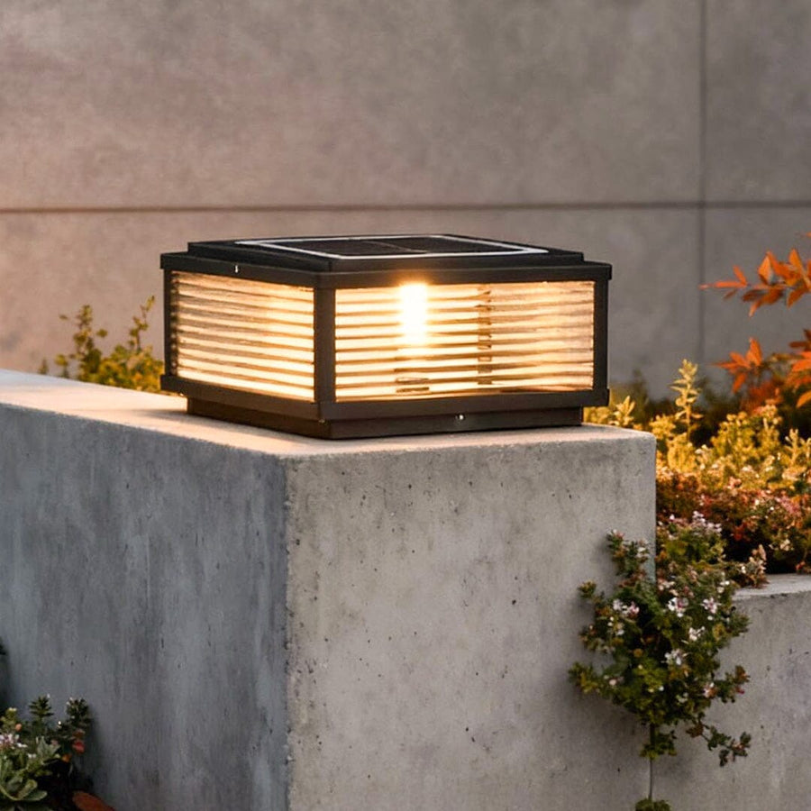 Ribbed Glass Square Pillar Light on a patio