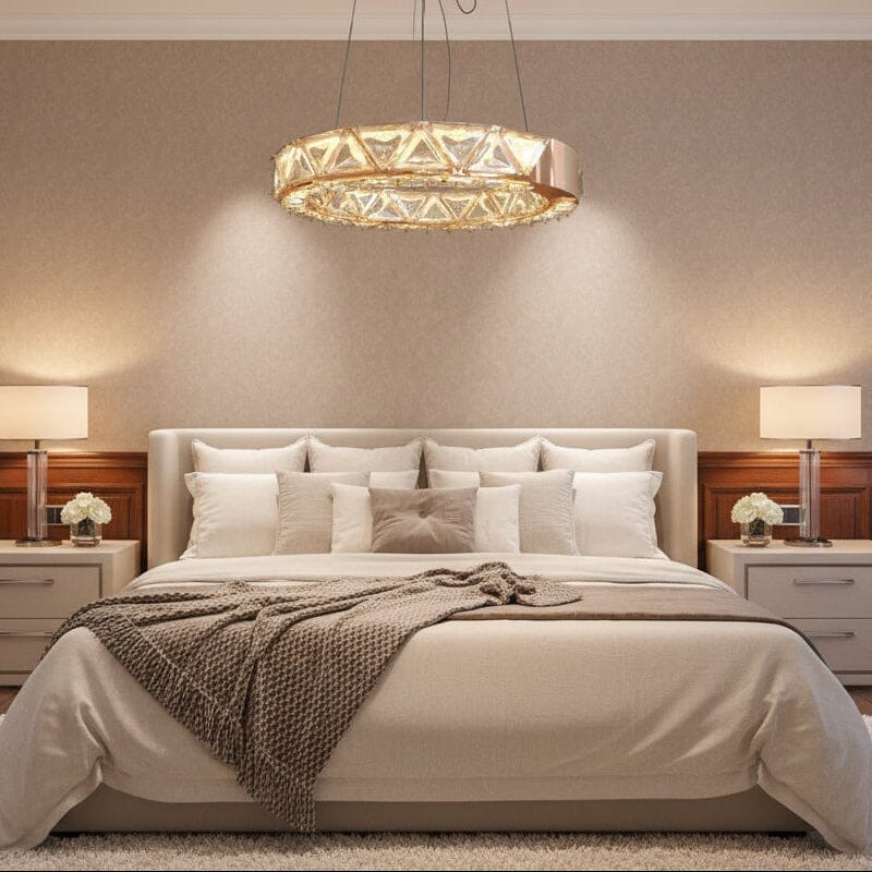 Rose Gold Crystal Ring Chandelier in a bedroom