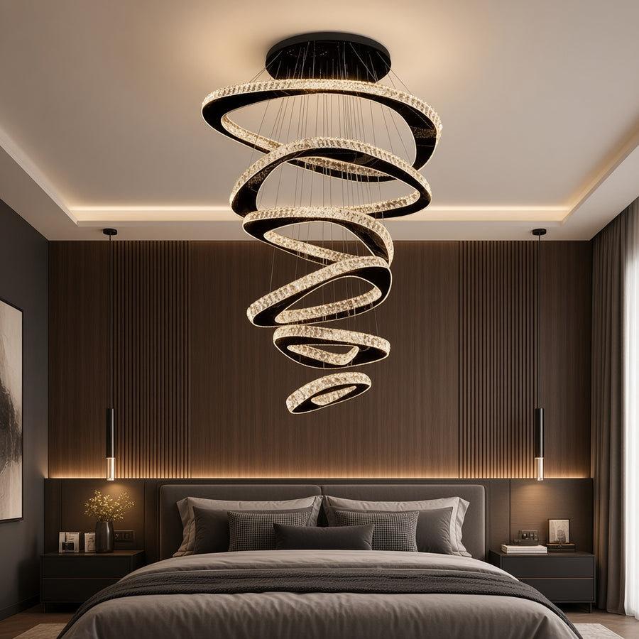 Six-Ring Crystal LED Cascade Chandelier