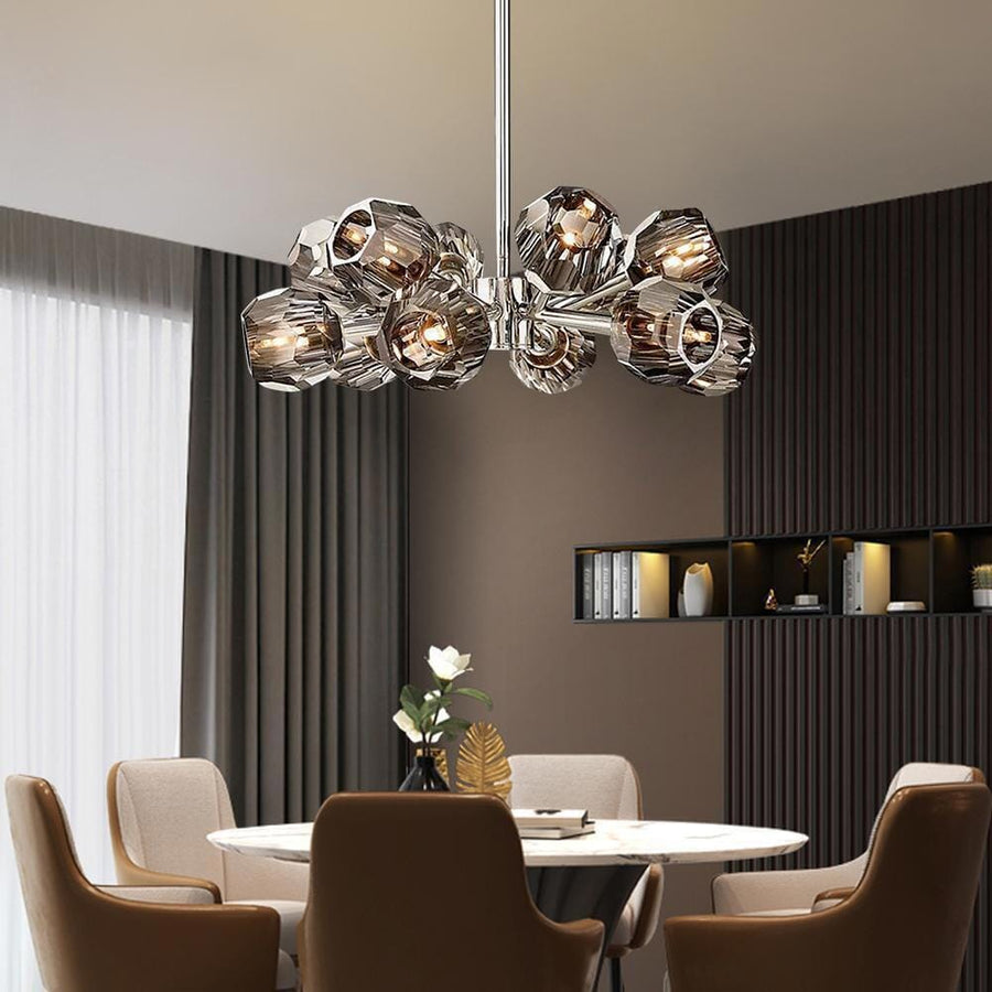 Smoked K9 Crystal Sphere Brass Chandelier above a dining table