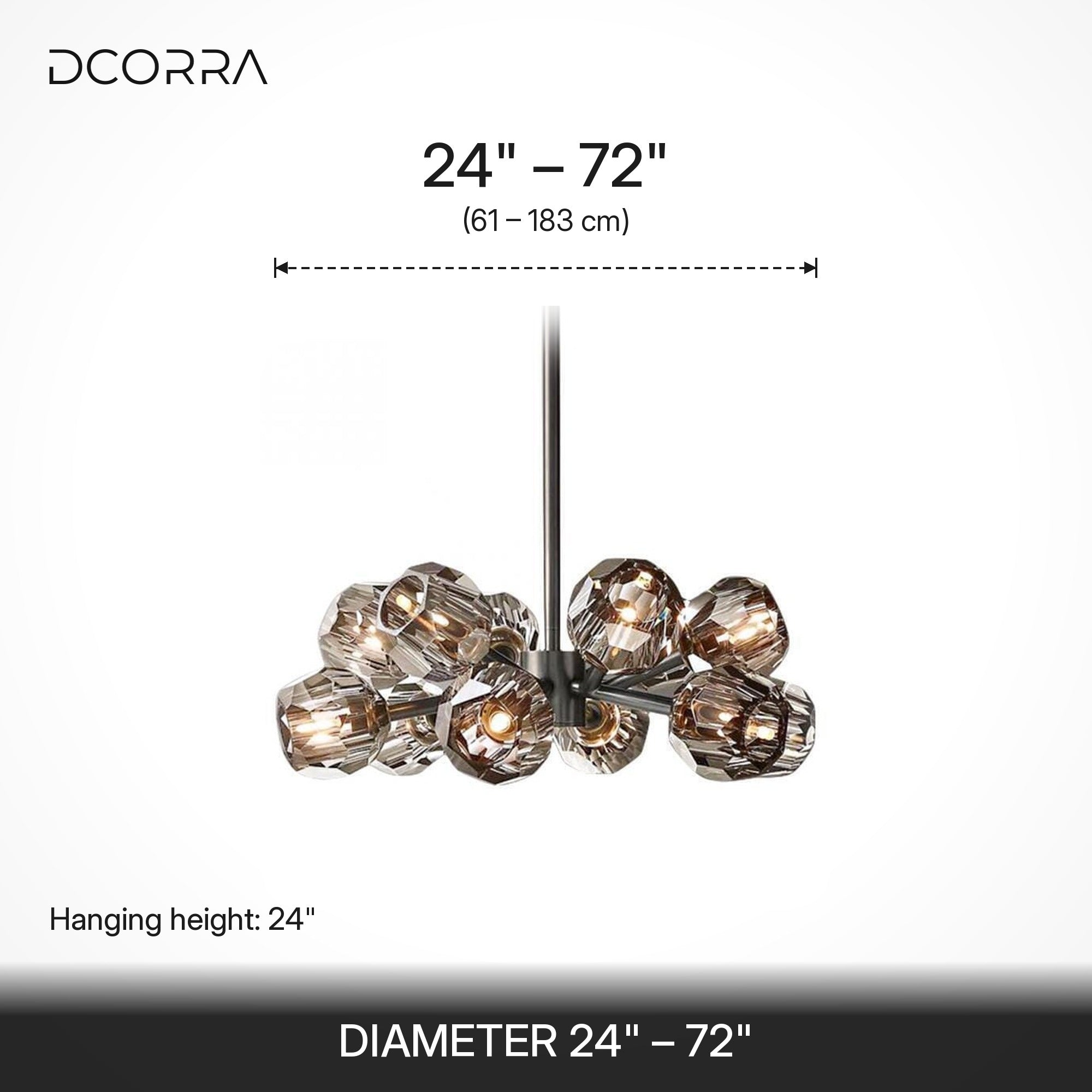 Smoked K9 Crystal Sphere Brass Chandelier - dimensions