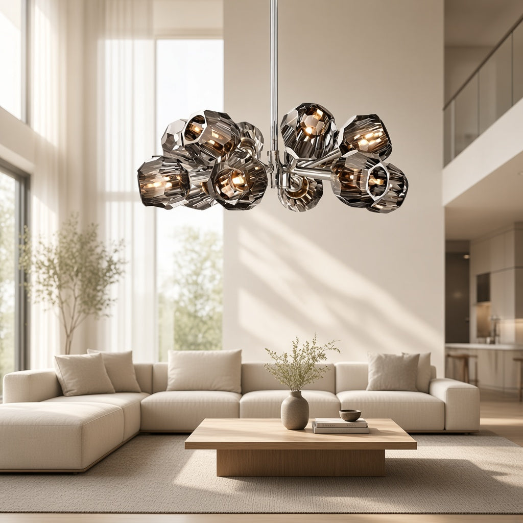 Smoked K9 Crystal Sphere Brass Chandelier