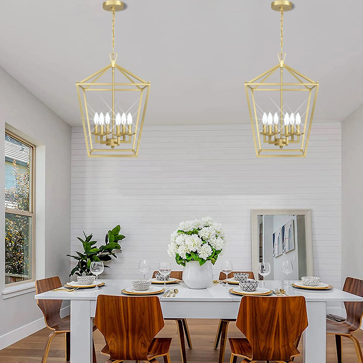 Soft Gold Lantern 6-Light Candle Chandelier above a dining table