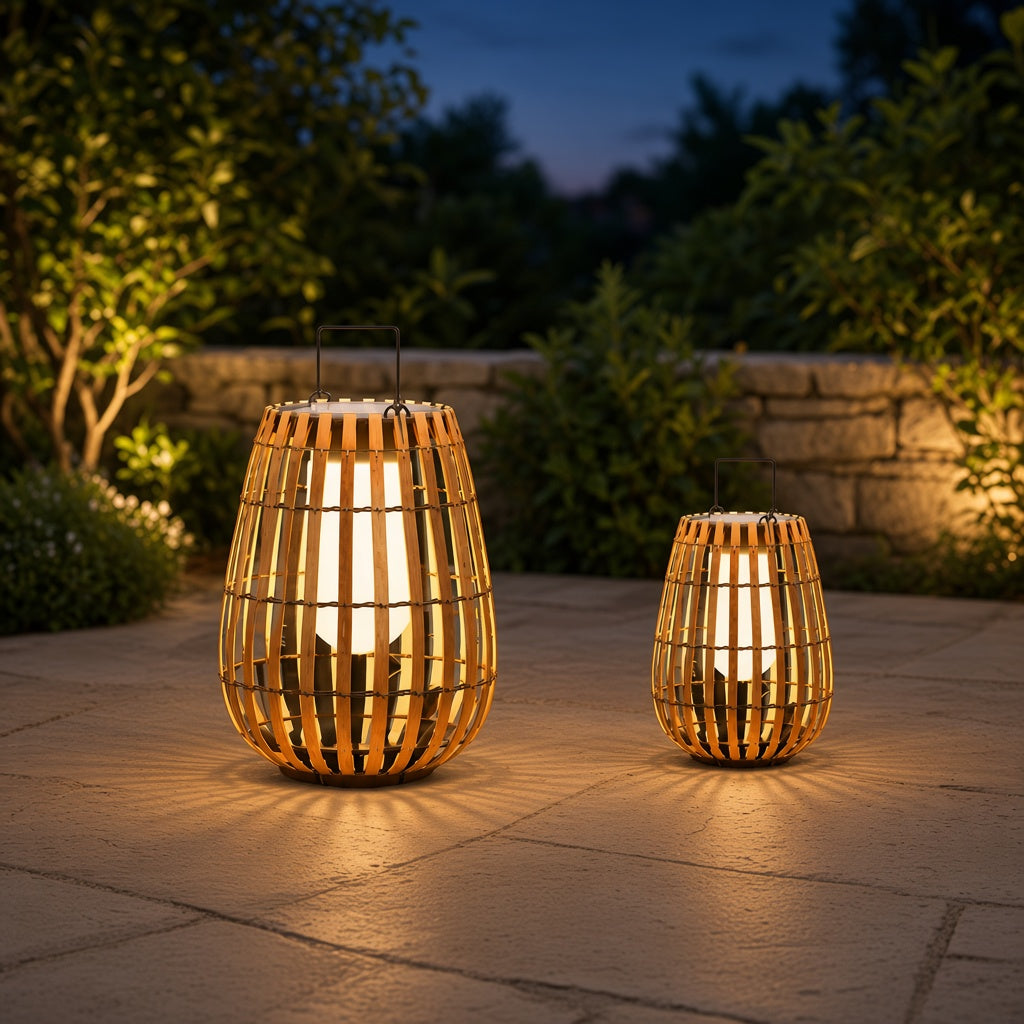 Solar rattan garden lanterns glowing on a stone patio at dusk