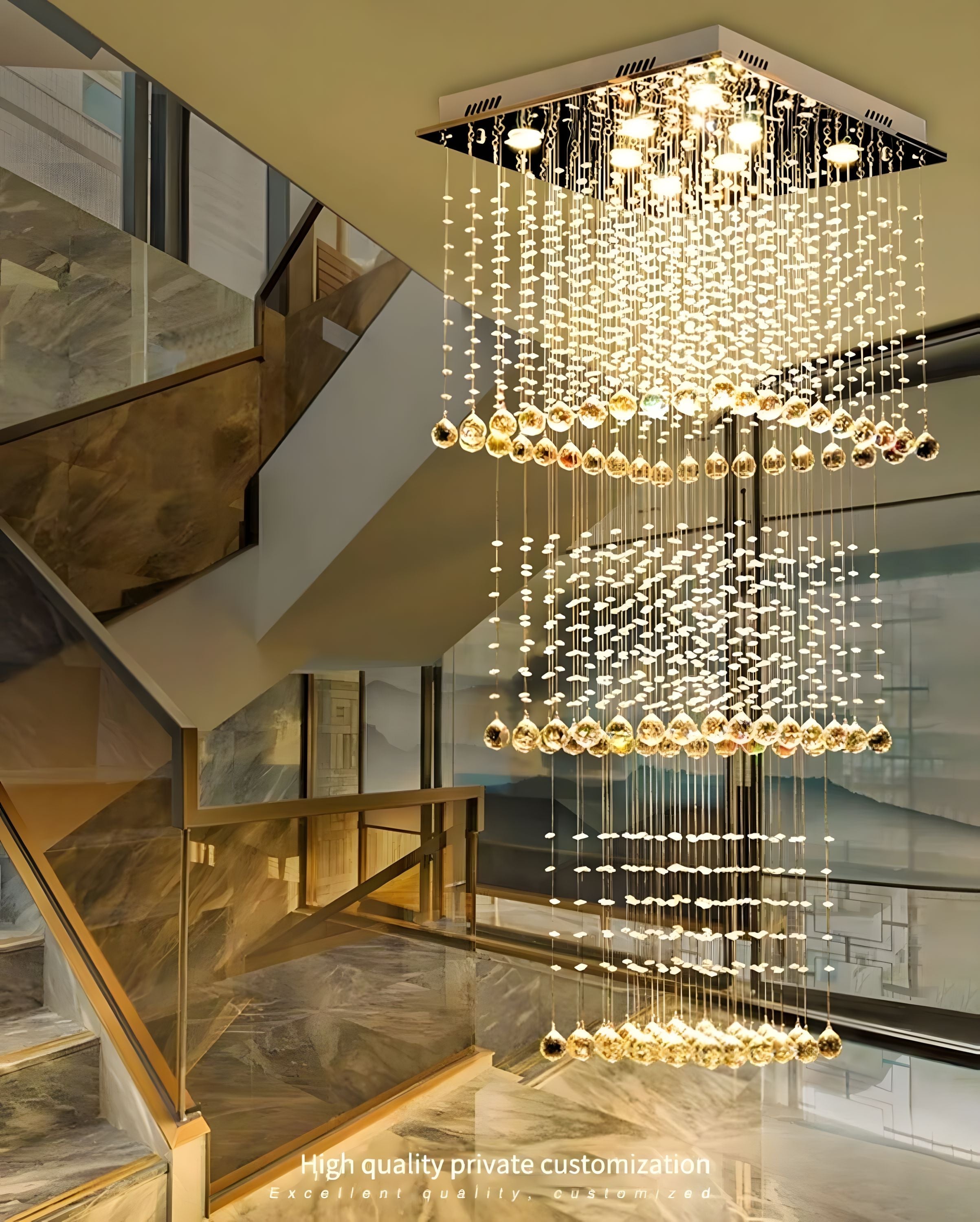 Square Tiered Raindrop Crystal Staircase Chandelier above a staircase