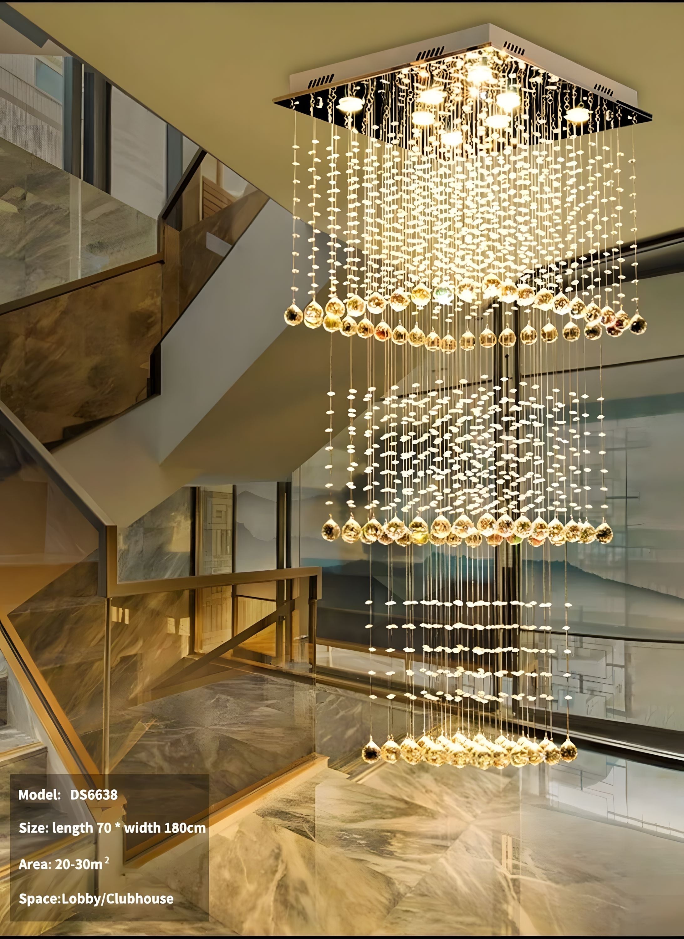 Square Tiered Raindrop Crystal Staircase Chandelier above a staircase