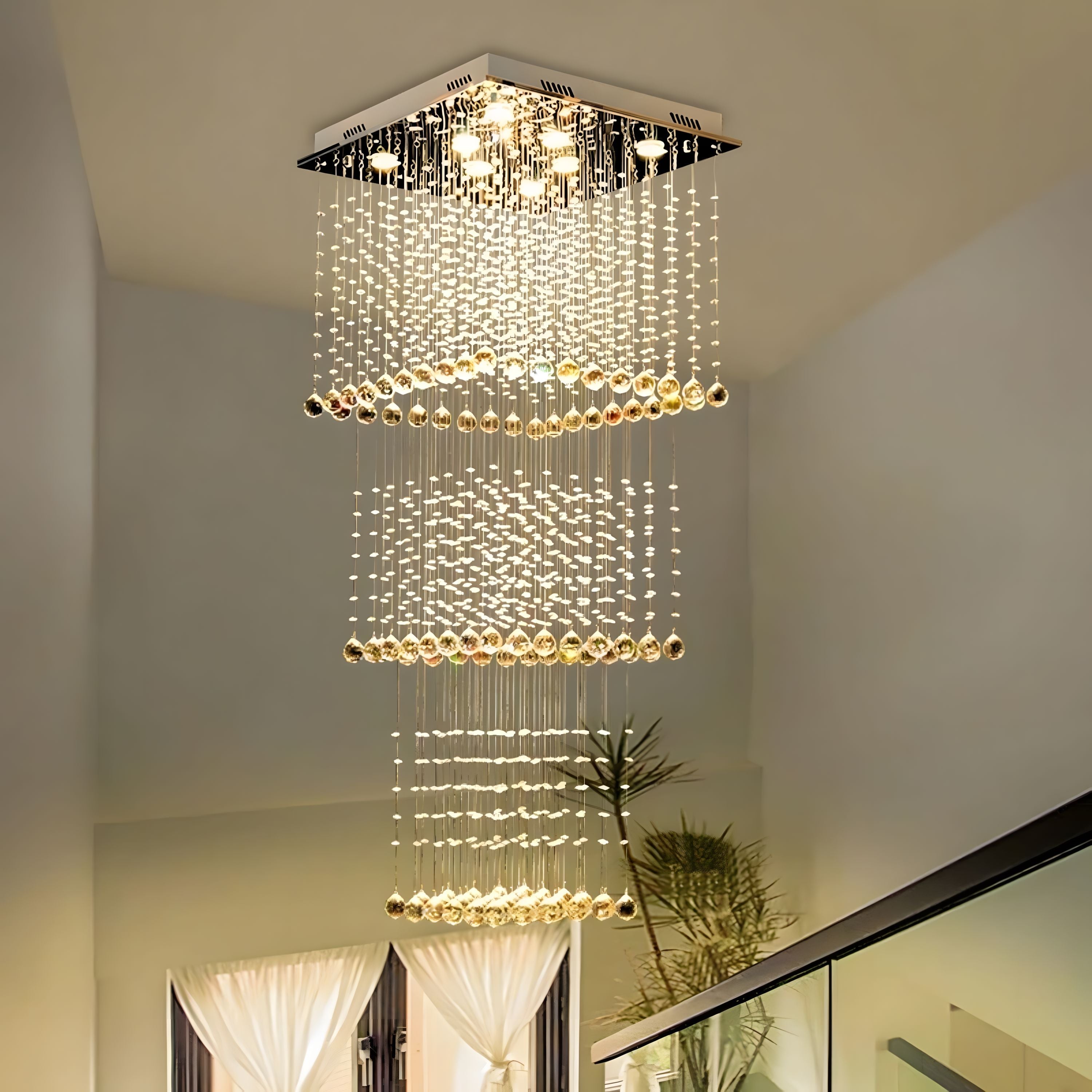Square Tiered Raindrop Crystal Staircase Chandelier