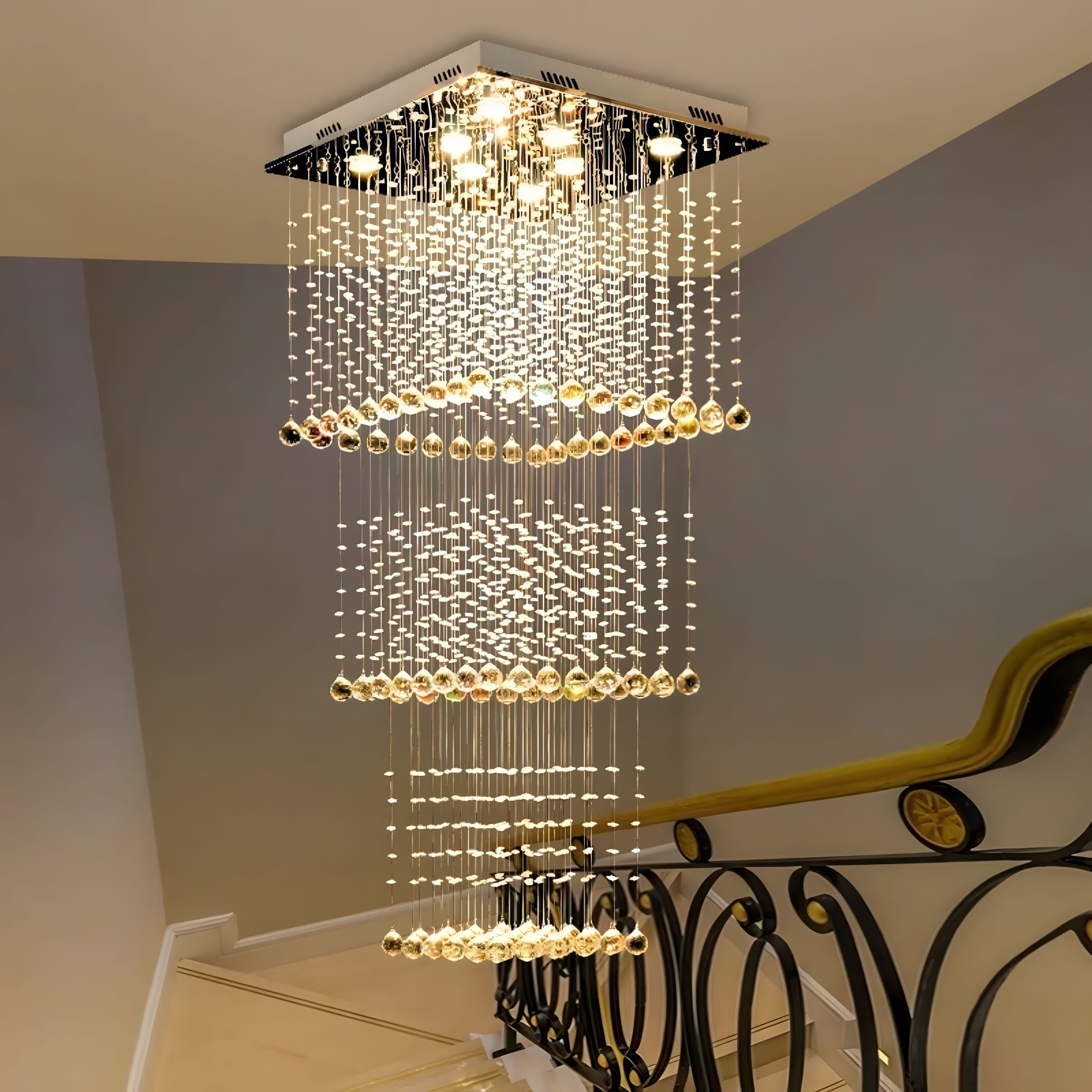 Square Tiered Raindrop Crystal Staircase Chandelier