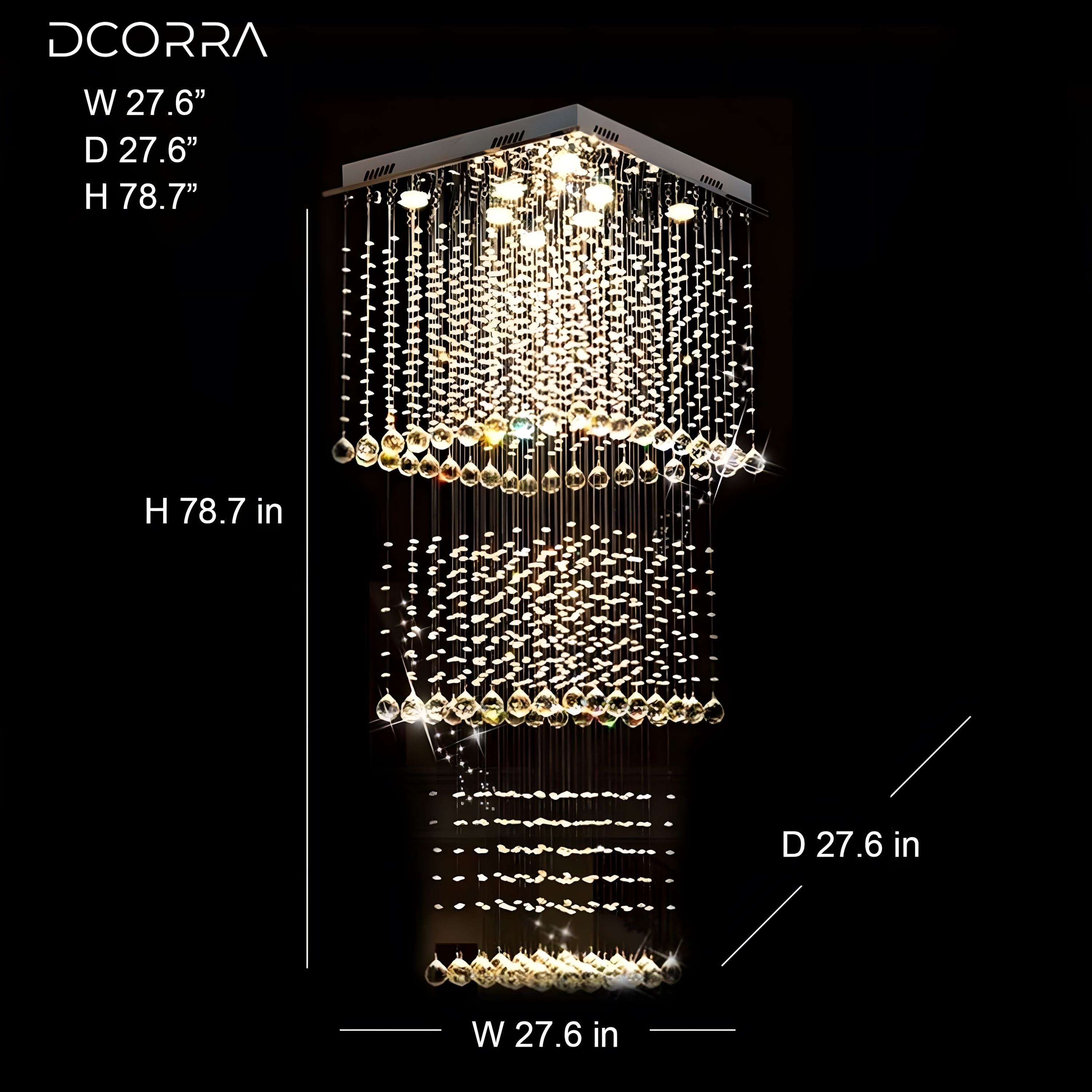 Square Tiered Raindrop Crystal Staircase Chandelier - W 23.6" x D 23.6" x H 78.7"（3 layers）