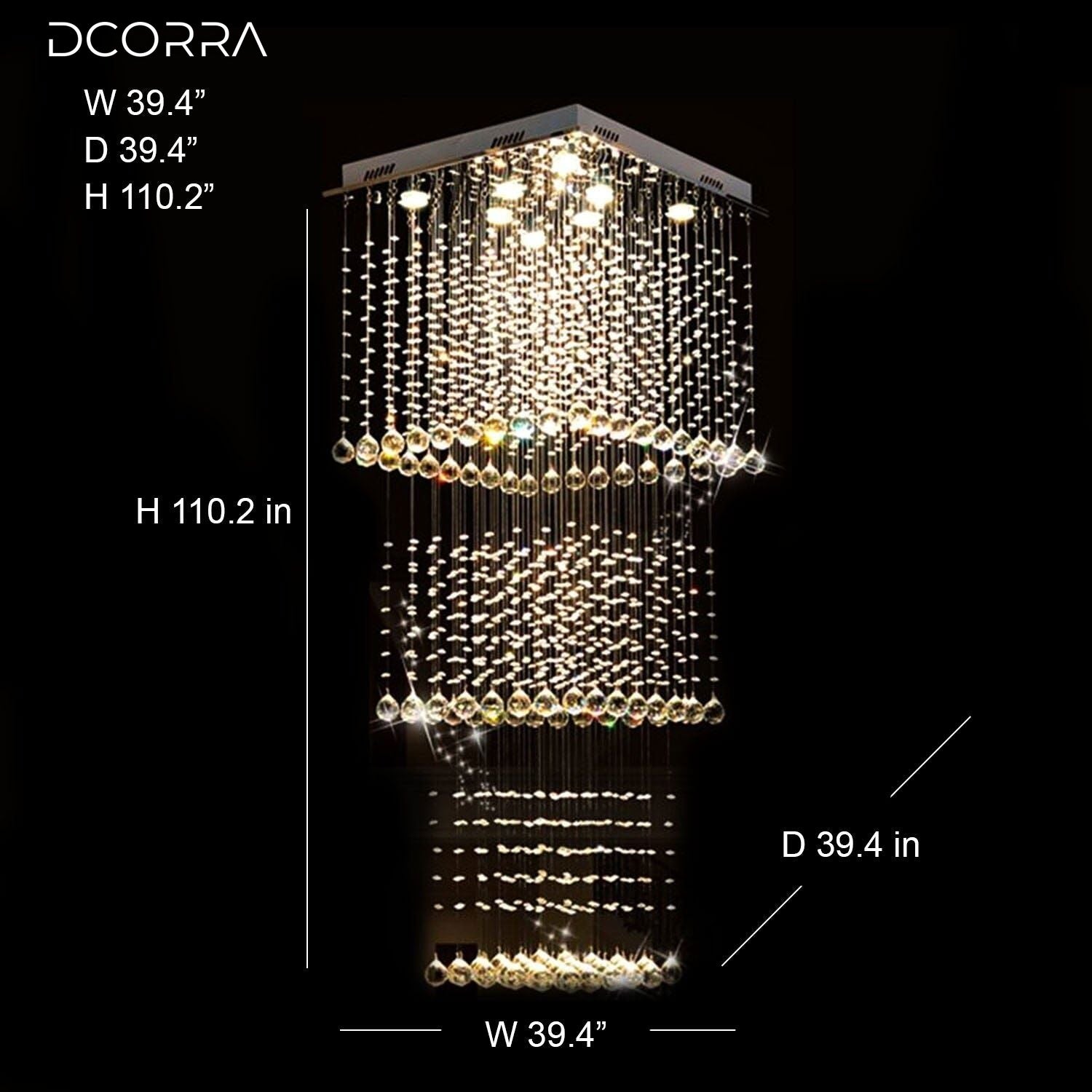 Square Tiered Raindrop Crystal Staircase Chandelier - W 39.4"x D 39.4"x H 110.2" (4 levels)