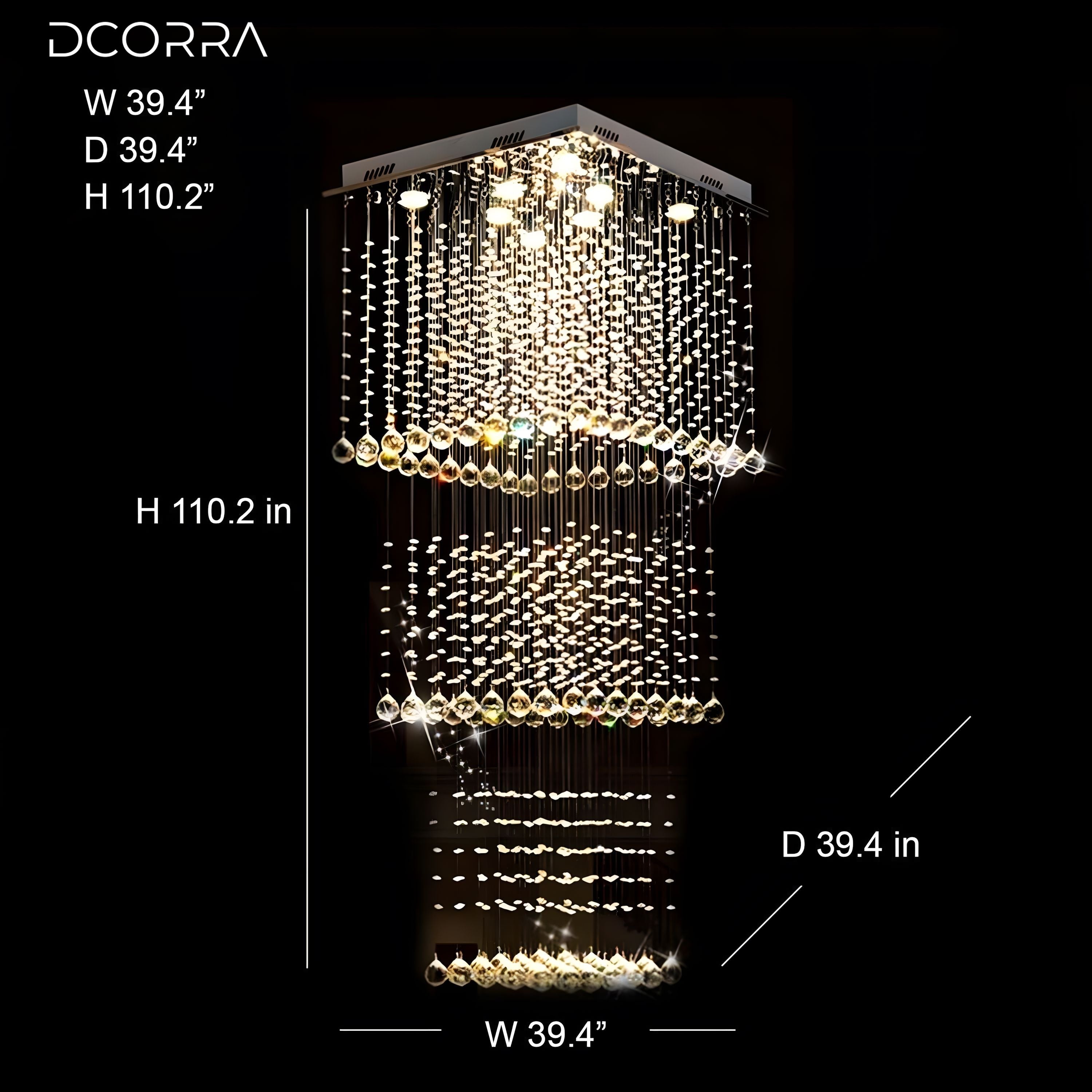 Square Tiered Raindrop Crystal Staircase Chandelier - W 31.5" x D 31.5" x H 94.5"(4 levels)