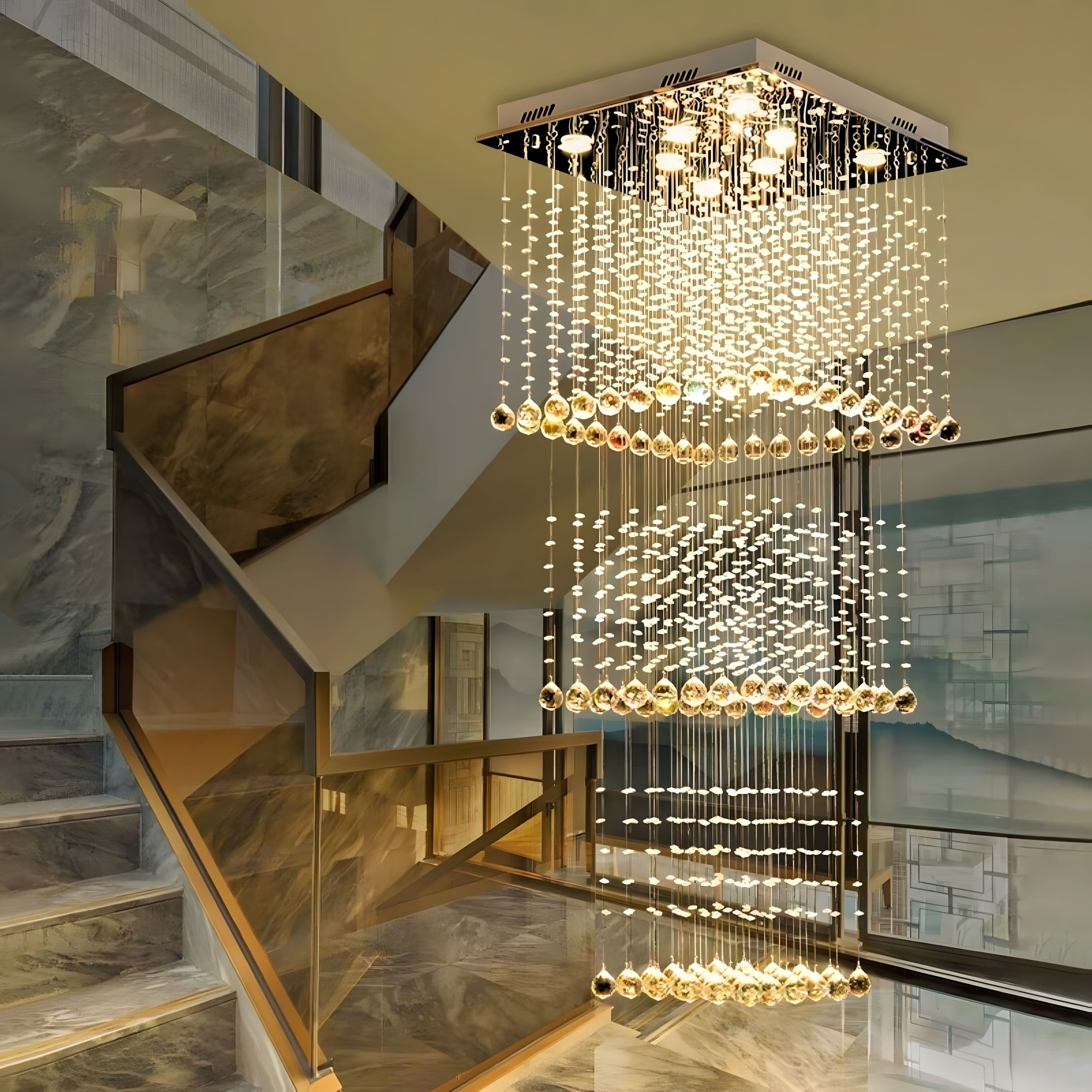 Square Tiered Raindrop Crystal Staircase Chandelier